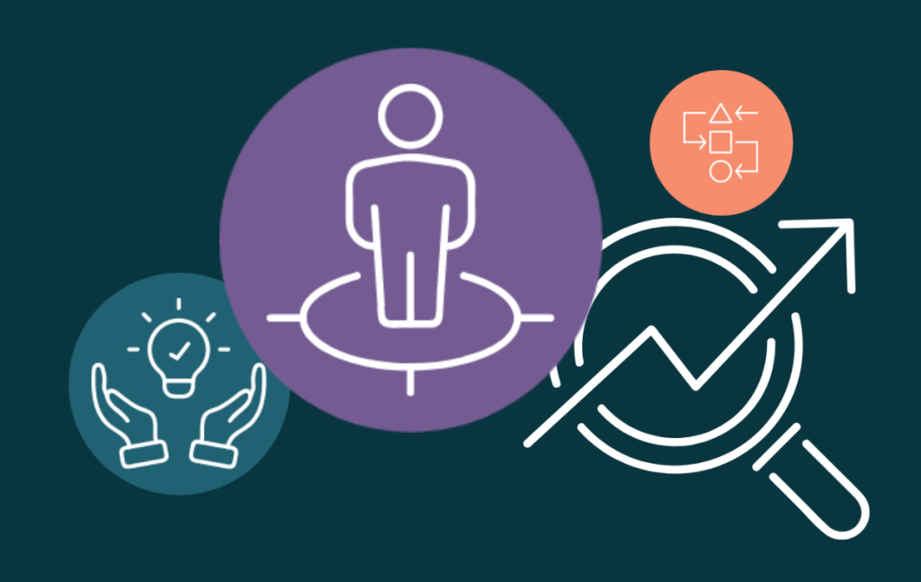 Grafik mit verschiedenen Icons, Lupe, mensch, Glühbirne